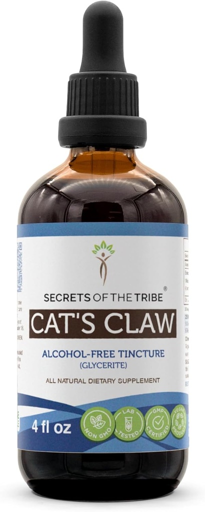 Geheimen van de stam Cat's Claw Tinctuur Alcoholvrije Liquid Extract, Wildcrafted Cat's Claw (Uncaria Tomentosa) Gedroogde Binnenbak (4 FL OZ)