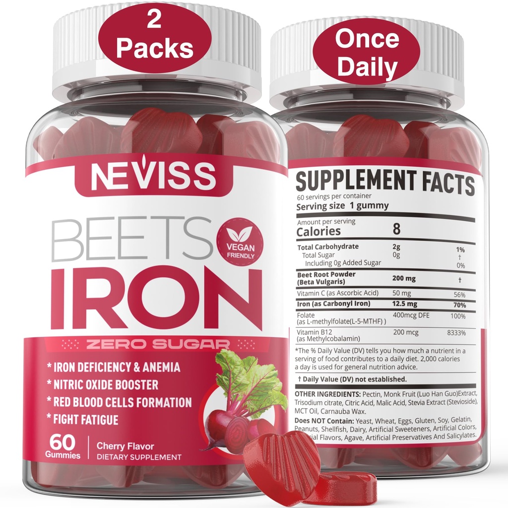 Beetwortel Gummies met ijzer, Methyl B12, Folaat, Vitamine C - Verhoog Nitric Oxide & Iron Levels, Energy Support, Fight Fatigue, Beetwortel & Gentle Iron Supplement, Sugar Free, 120 Tel.