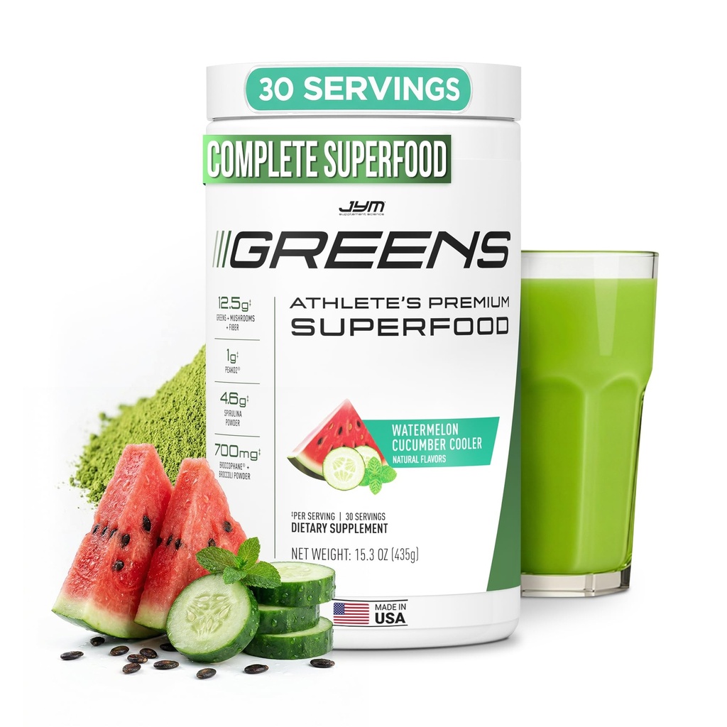 JYM Greens Super Food Powder for Performance, Watermeloen Komkommer, Spirulina, Paddenstoelen, Vitaminen, BroccoPhane & Broccoli, Mannen & Vrouwen, 30 Servers