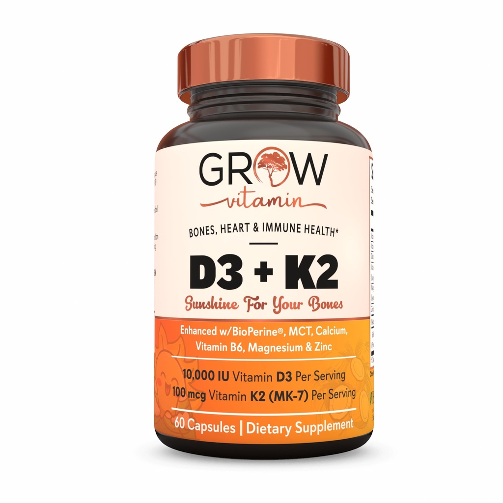 te groeien vitamine D3 K2 w/MCT Olie - 10.000 IE D3, 100 mcg K2 MK7, Calcium, Zink, BioPerine, Magnesium voor Superieure Absorptie - 60 capsules