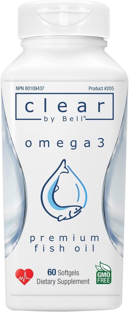 Bell Clear Pure Omega 3 Visoliesupplementen, 2000 mg per portie - Burp Free Premium, Clean and Clear, No Fishy Taste and No Repeats (burps), Cholesterol Free, GGO en Allergen Free, 60 Softgels
