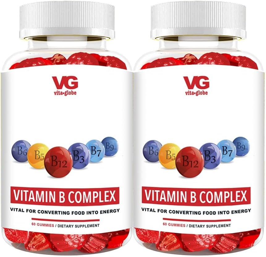 Vitamines gommy complexes VITA GLOBE B - Flaveur de fraises avec vitamine C, niacine, B6, B12 et biotine pour l'énergie, la santé cardiaque et le soutien du cerveau, 120 comtes (paquet de 2)
