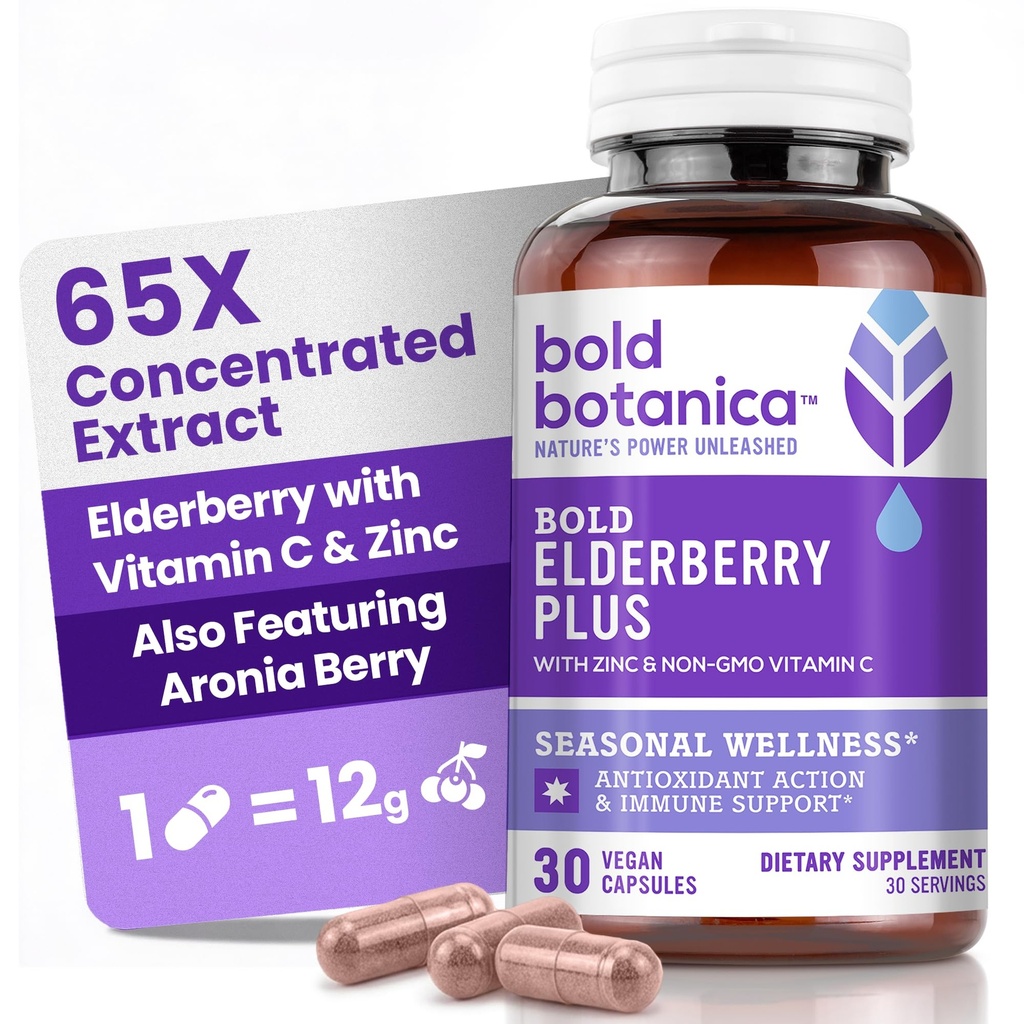 Bold Botanica Elderberry Plus - 65x Geconcentreerde zwarte vlierbessenextract met zink en vitamine C voor dagelijkse Immune Support & Seizoensgebonden Wellness - Non-GMO, 30 Vegan Capsules