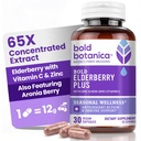 Bold Botanica Elderberry Plus - 65x Geconcentreerde zwarte vlierbessenextract met zink en vitamine C voor dagelijkse Immune Support & Seizoensgebonden Wellness - Non-GMO, 30 Vegan Capsules
