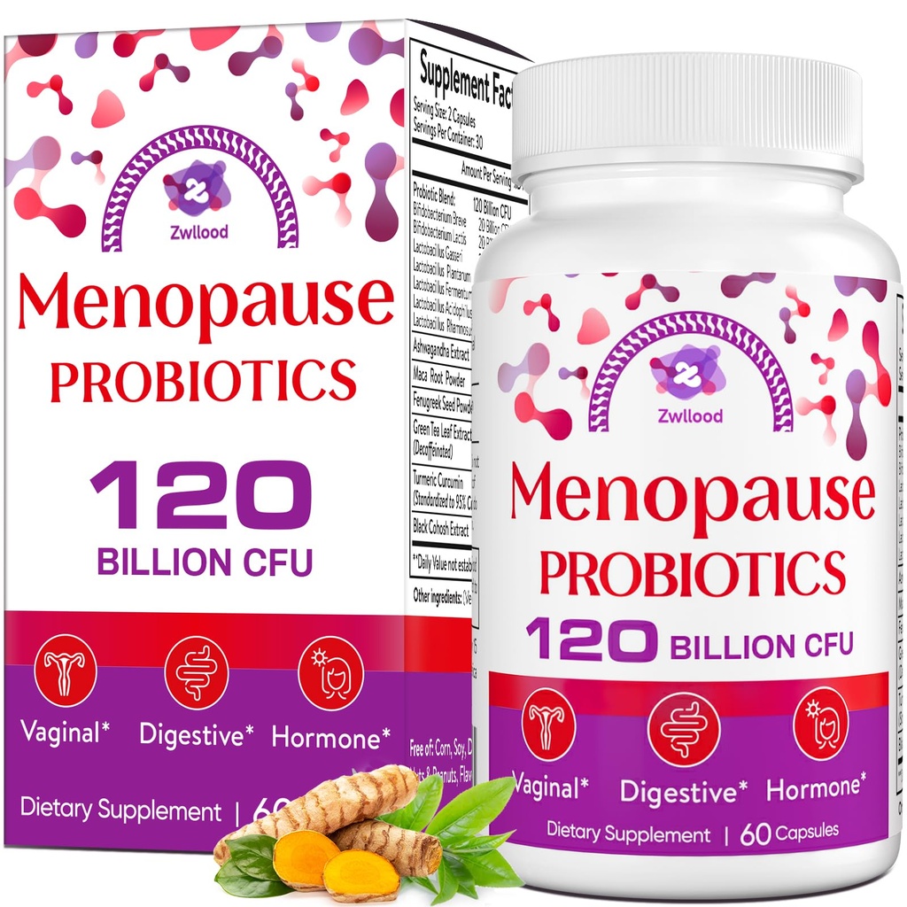 Menopauze supplementen voor vrouwen, 120 miljard CFU Menopauze Probiotica voor vrouwen, all-natuurlijke probiotica voor Hot Flashes Menopauze, Nachtzweet, Mood Swings, Gut en Hormone - 60 Herbal Capsules