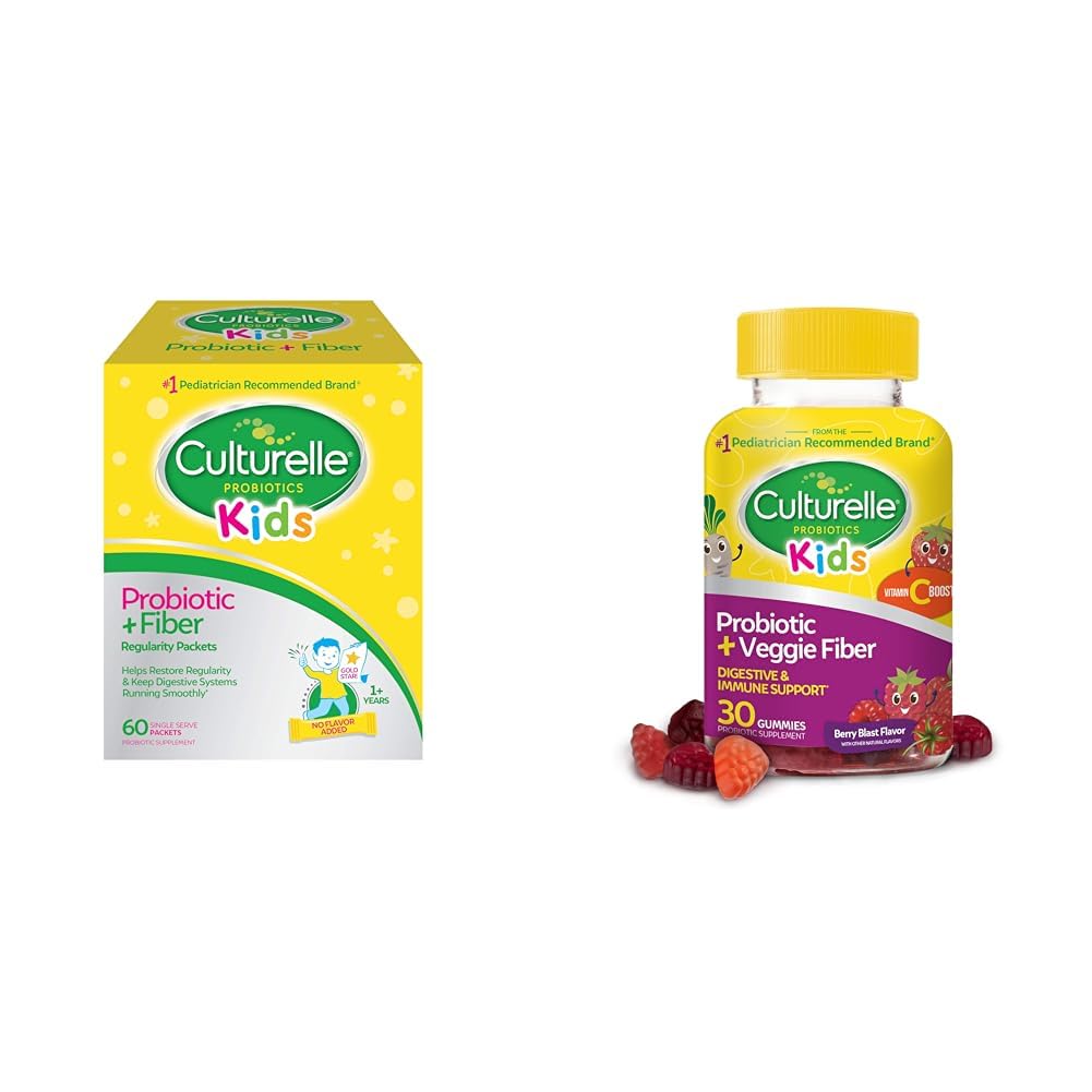 Culturelle Kids Probiotic + Fiber Packets (Ages 3+) - 60 Count & Daily Probiotic for Kids + Veggie Fiber Gummies (Ages 3+) - 30 Count - Digestive Health & Immune Support Berry Flavor with a Vitamine C
