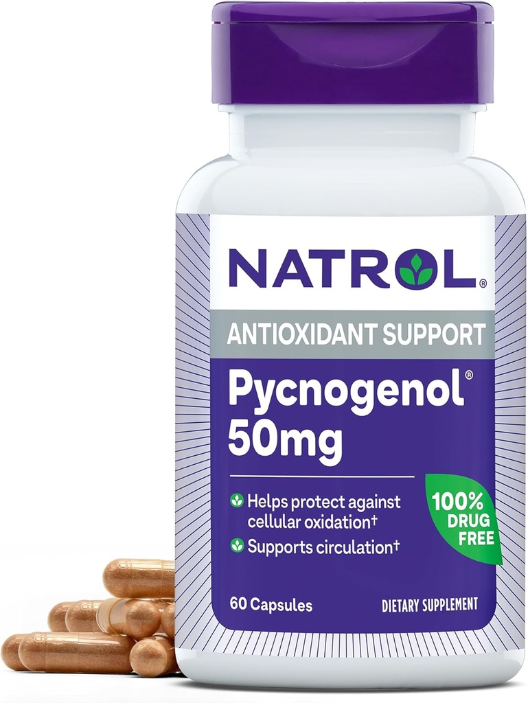 Natrol Pycnogenol Capsules, Antioxidant Bescherming, Supplement Beschermt tegen Cellular Oxidatie en Leeftijdsgerelateerde Schade, Europese maritieme pijnboom extract, Ondersteunt Circulatie, 50 mg, 60 Tellen