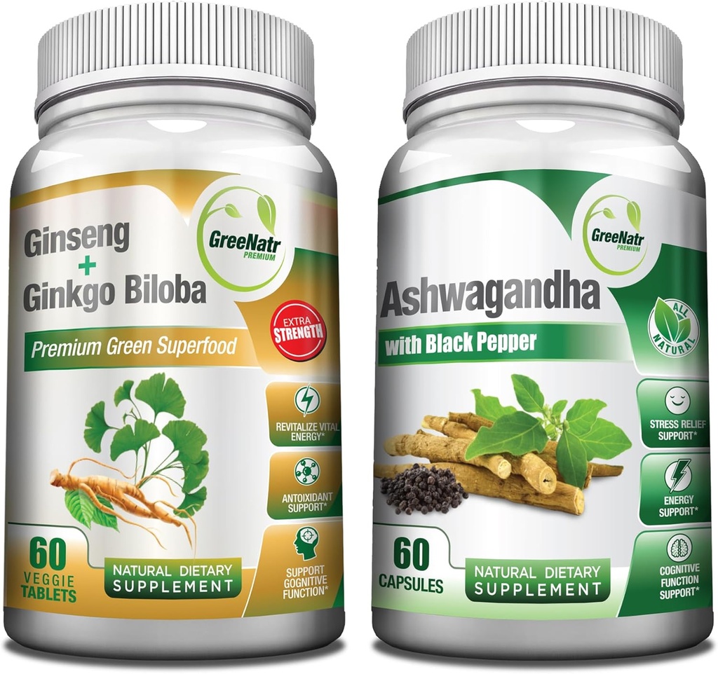 GreeNatr Premium bundel voor Holistische Well-Being: Biologische Ashwagandha Capsules, met Black Pepper voor Stress Relief, Plus Ginseng + Ginkgo Biloba Tablets, een traditionele Energie Booster.