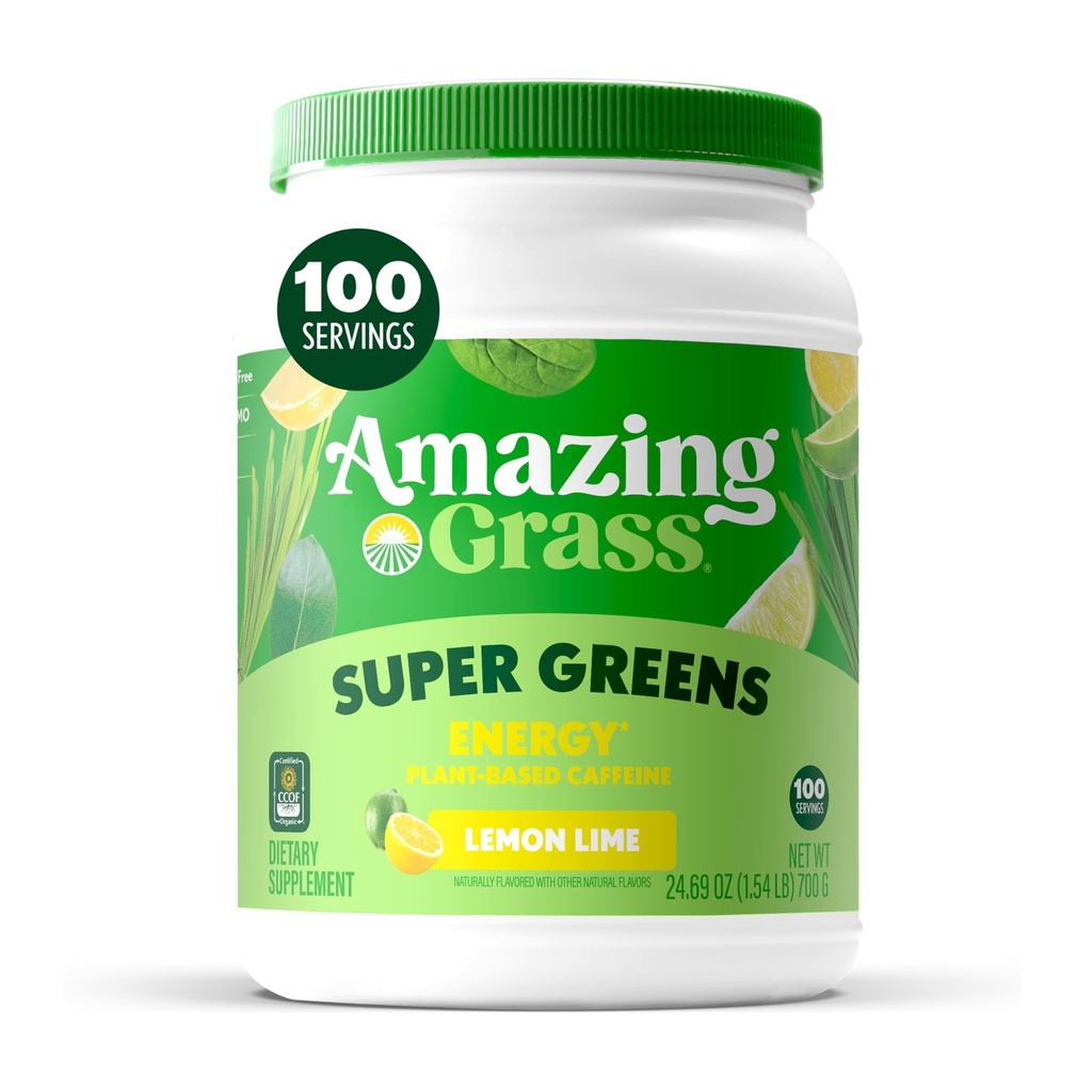 Amazing Grass Green Superfood Energy: Super Greens Poudre et caféine végétale avec thé vert, poudre de betterave et graines de lin, citron Lime, 100 portions (paquetage mai Vary)