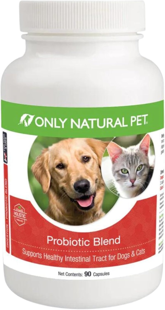 Only Natural Pet Probiotic Dog and Cat Supplement - Digestive & Intestinal Tract Health Enzyme Formula, Puppy & Canine Digestive Support, Best for Stomach Relief & Gas Aid - 90 Capsules.