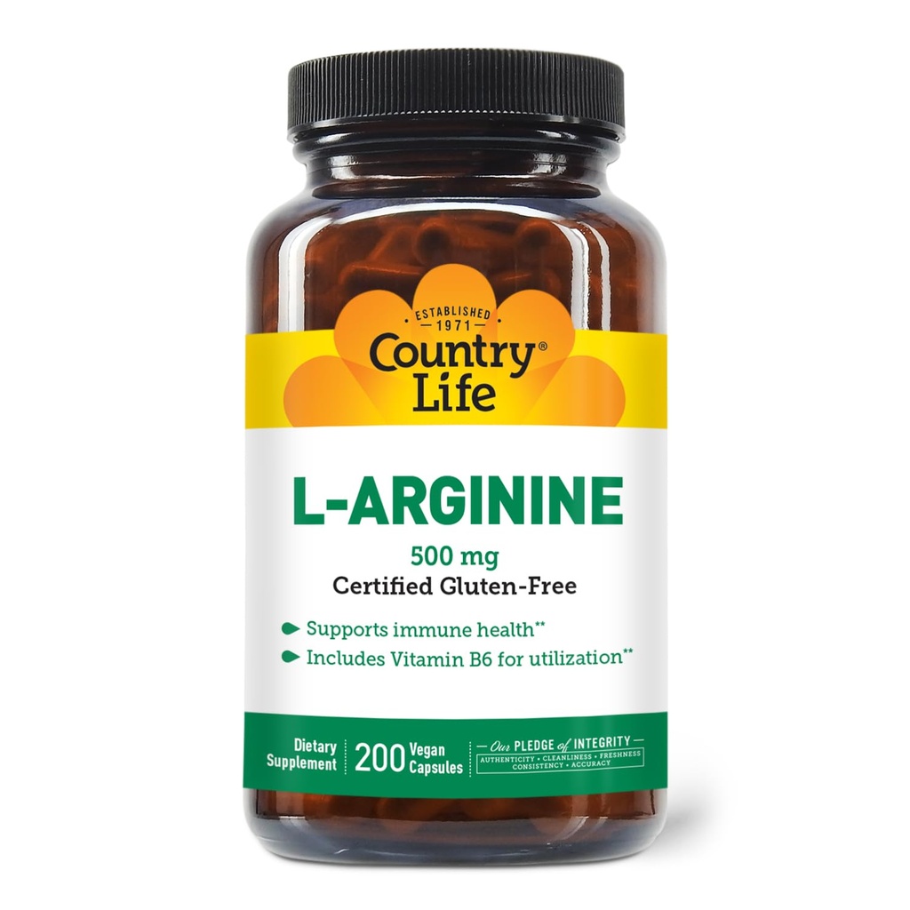 Country Life L-Arginine Caps met vitamine B-6, 500mg, 200 Vegan Capsules, Gecertificeerd Glutenvrij, Gecertificeerd Veganistisch