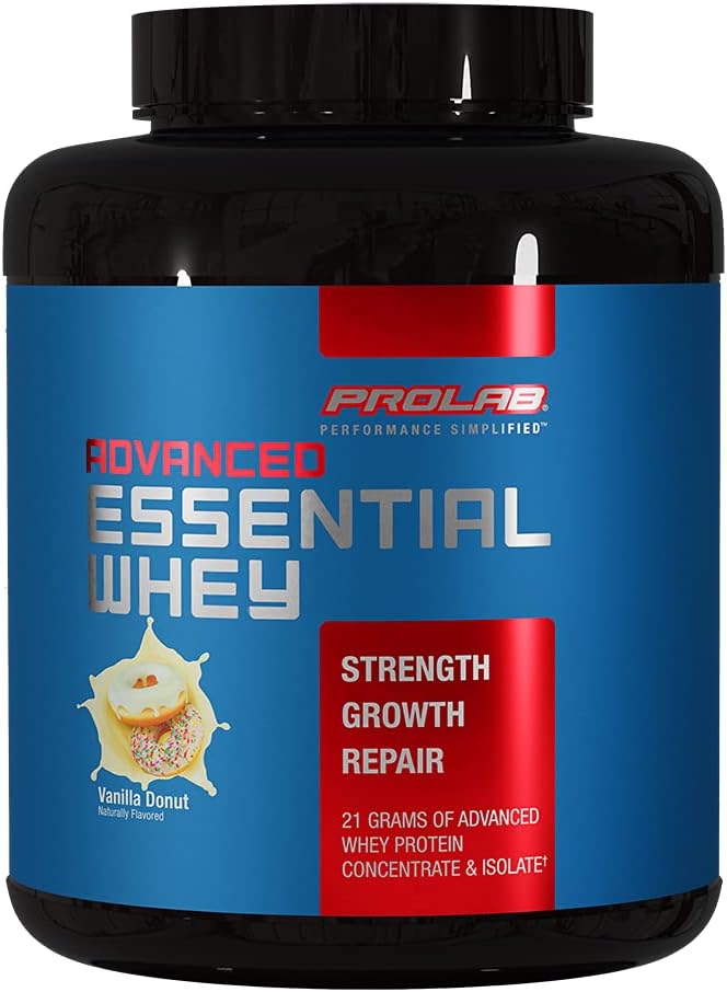 ProLab Advanced Essential Wei Proteine Powder, Wei Concentrate & Isolate Blend, 21g Proteïne, BCAA's, Digestive Enzymes, Muscle Support & Recovery(Vanilla Donut)
