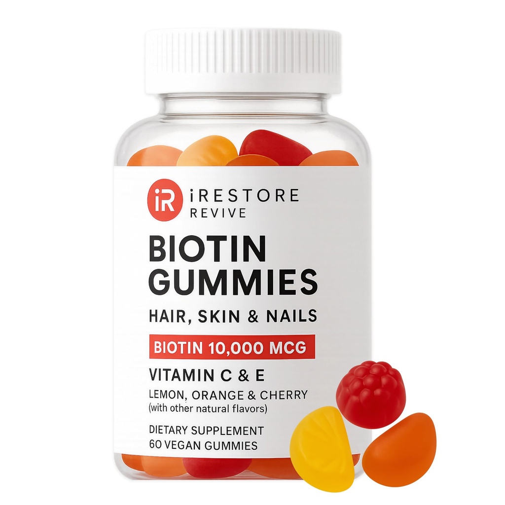 iRestore Biotin Gummies 10.000 mcg - 3 natuurlijke fruitsmaken, haarvitaminen Multi-supplement voor haar huid en nagels voor vrouwen en mannen, 60 veganistische Gummies, 30 dagen levering