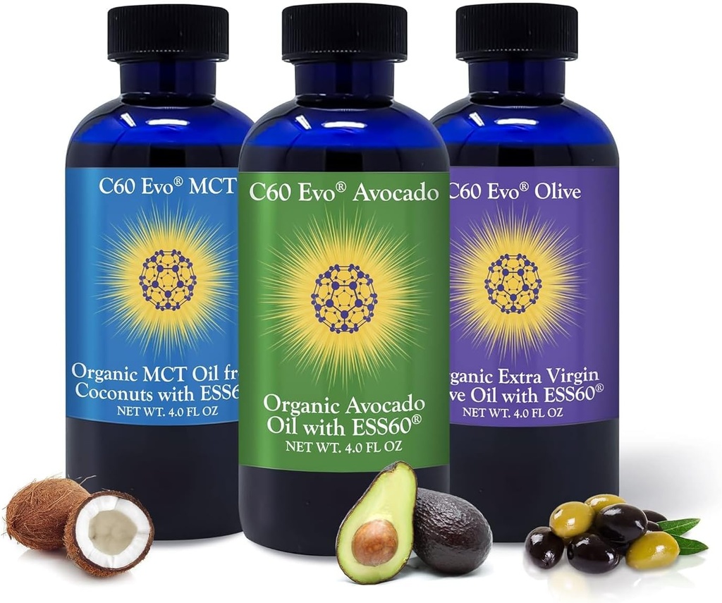 Huiles comestibles tout naturel, 4oz ensemble échantillonneur avec C60 ESS60 pur, Immune support et supplément de soutien conjoint avec huile d'olive, huile d'avocat et huile de coco MCT, lot de 3, 4 oz