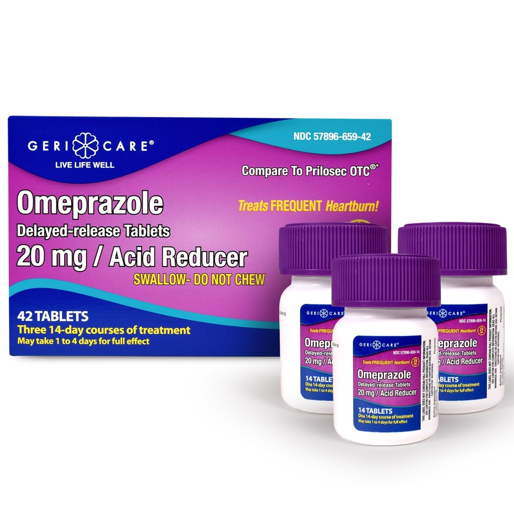 GeriCare Omeprazol Vertraagde Release Tabletten 20mg Maagzuur Reducer Pillen voor 24 uur Heartburn Relief-Acid Reflux Medicine voor de behandeling van frequente Heartburn-anti-Acid Relief Tablets (42 telling)