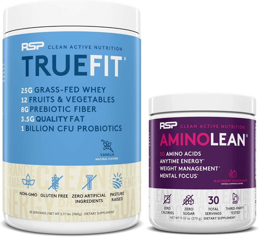 RSP NUTRITION AminoLean Pre Workout Energy (BlackBerry granaatappel 30 porties) met TrueFit Proteïne Poeder (Vanilla 2 LB)