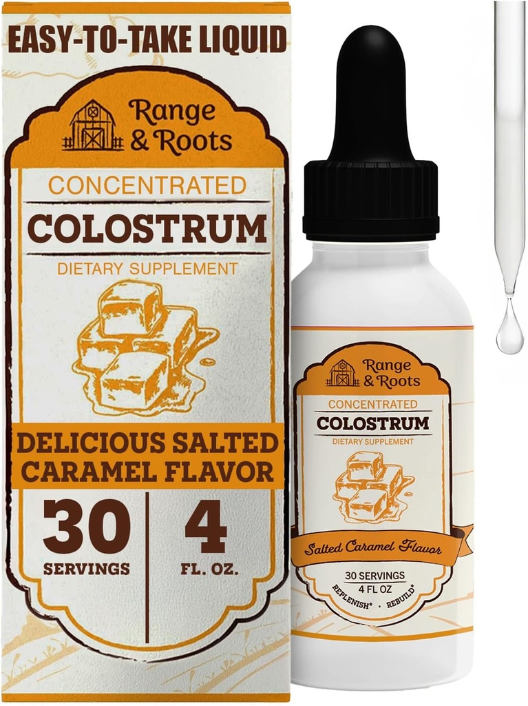 Range & Roots Colostrum Supplement - Liquid Bovine Colostrum - Alternative to Colostrum Powder - Support Gut Health, Immunity, Energy - Healthy Hair, Skin & Nails - Salted Caramel Flavor (30 Servings)