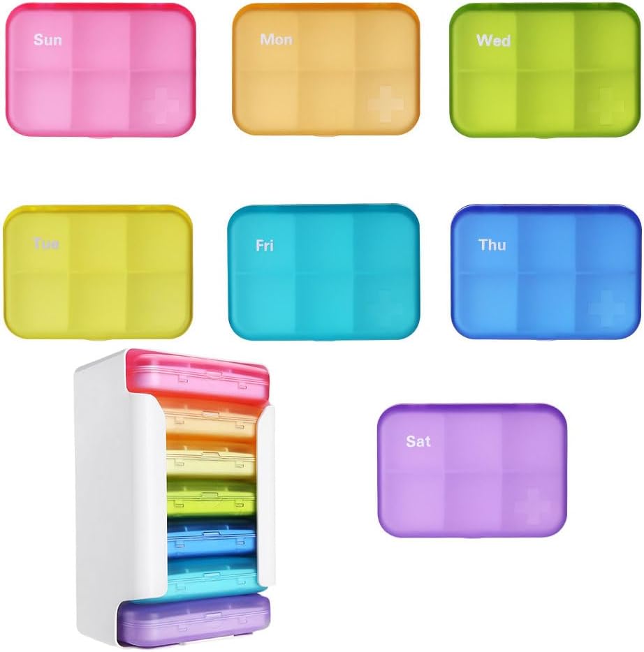 Organisateur de pilules de 7 pièces 6 fois par jour, cas de pilule hebdomadaire, organisateur de pilules avec étiquettes, distributeur de pilules de voyage 7 jours avec 42 copartments pour les médicaments/vitamine/huile de poisson/Suppléments - Couleurs arc-en-ciel