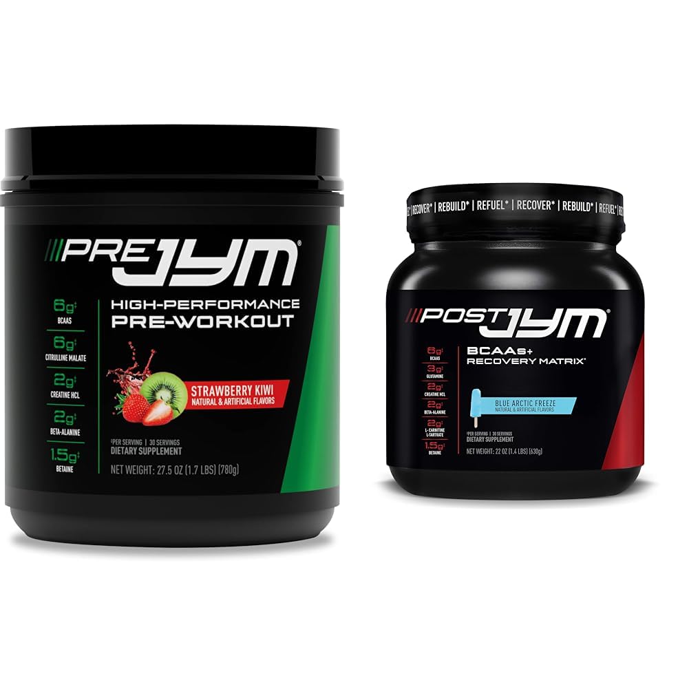JYM Supplement Science PRE JYM 30 Servers - Strawberry Kiwi & Post-workout met BCAA's, Glutamine, Creatine HCL, Beta-Alanine en meer, Blue Arctic Freeze, 30 Servings, 22 Oz