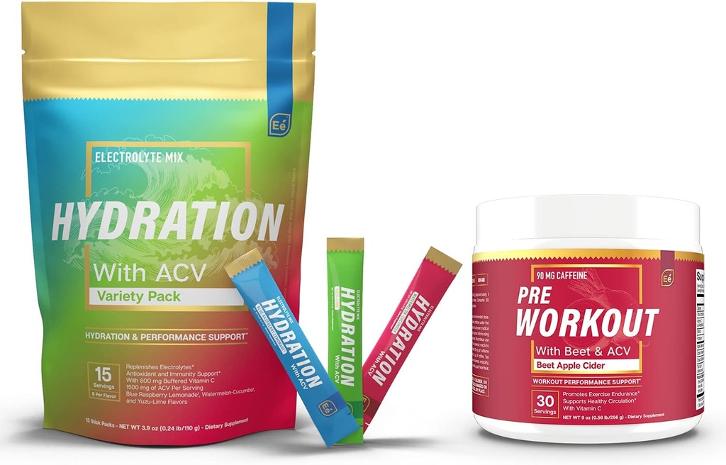 Suikervrije Hydration Powder Packets Variëteit - 15 Stick Packs & PreWorkout Powder met ACV 