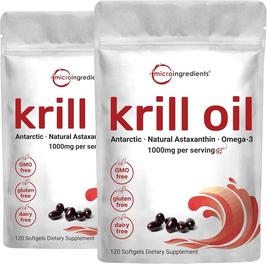 2 Pack supplément d'huile de krill antarctique, 1000mg par portion, 120 Soft-Gels Chacun, Riche en Oméga-3s, EPA, DHA & Astaxanthin, soutient la santé du cerveau, capsules d'huile de krill premium Softgels liquides