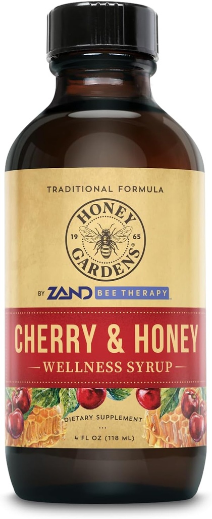 Honey Gardens Cherry & Honey Soothing Throat Syrup, Apitherapy Formula with Organic Raw Honing, Organic Apple Cider Vinegar, Black Cherry, and Herbal Extracts, 24 Servings, 4 FL. OZ.