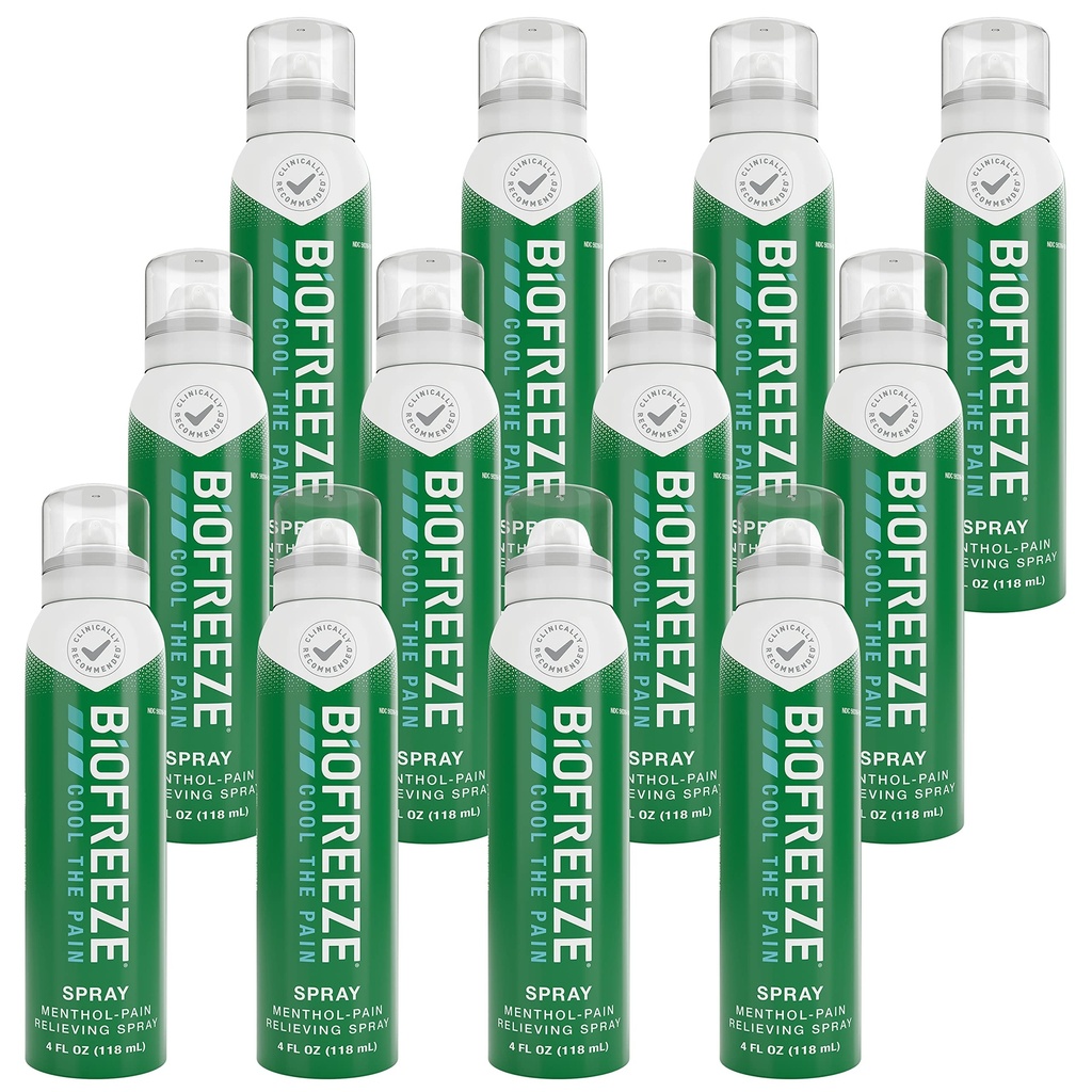 Biovries Menthol Pain Relieving Spray 4 FL OZ Kleurloze Aerosol Spray (Pack van 12) voor pijnverlichting geassocieerd met pijnlijke spieren, artritis, eenvoudige rugpijn, en gewrichtspijn (Packaging May Vary)