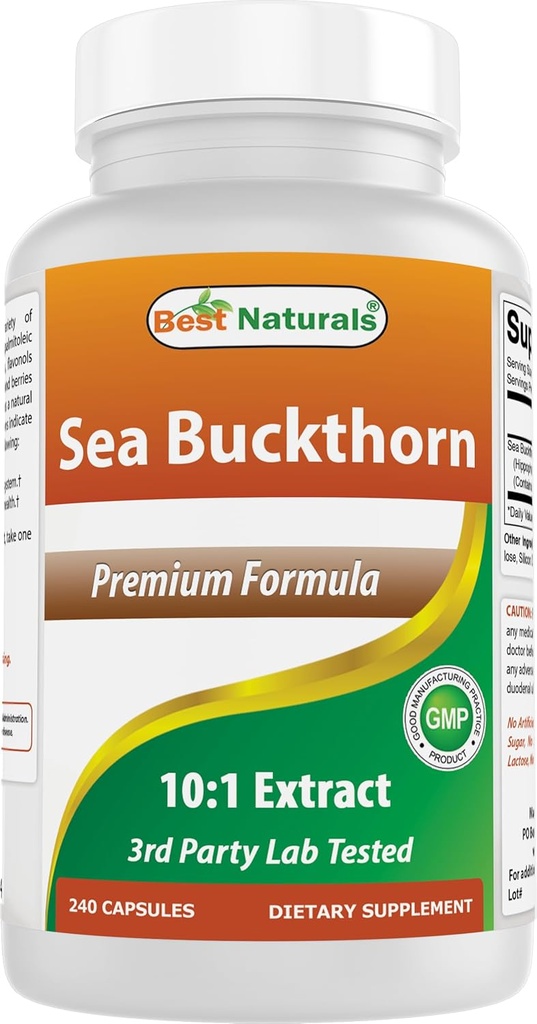 Best Naturals Sea Buckthorn Oil Powder Extract 10:1 500 mg 240 Capsules - Non-GMO, Glutenvrij - Bevat natuurlijk voorkomende Omega-7 Palmetoleïnezuur