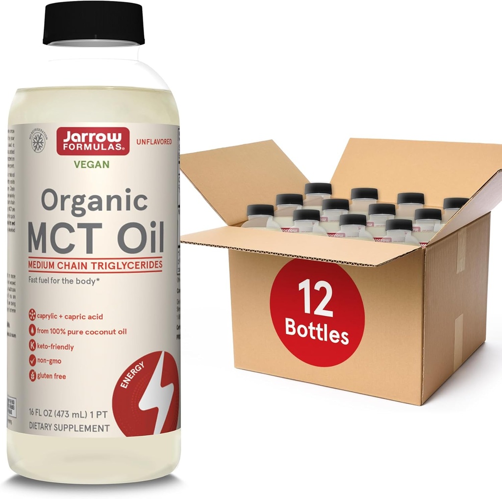 Jarrow Formulas Organic MCT Oil - 16 fl oz - Fast Fuel for Brain & Muscles - Caprylic (C8) + Capric Acid (C10) - Ketogene Diet Friendly Supplement - Unflavored (Pack of 12)