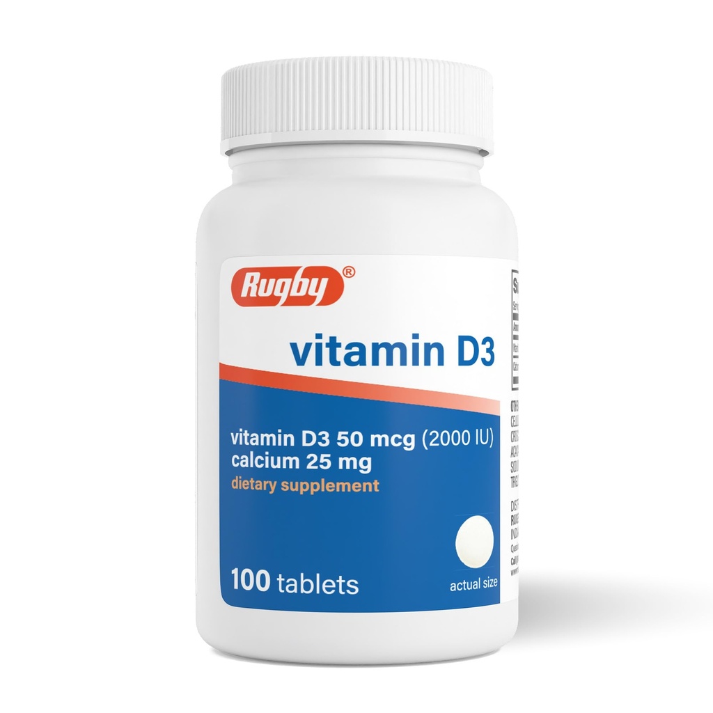 Rugby Vitamine D3 2000 UI (50 mcg) - Supplément alimentaire quotidien sans gluten de vitamine D pour la santé des os, des dents et des immunes 100 comprimés