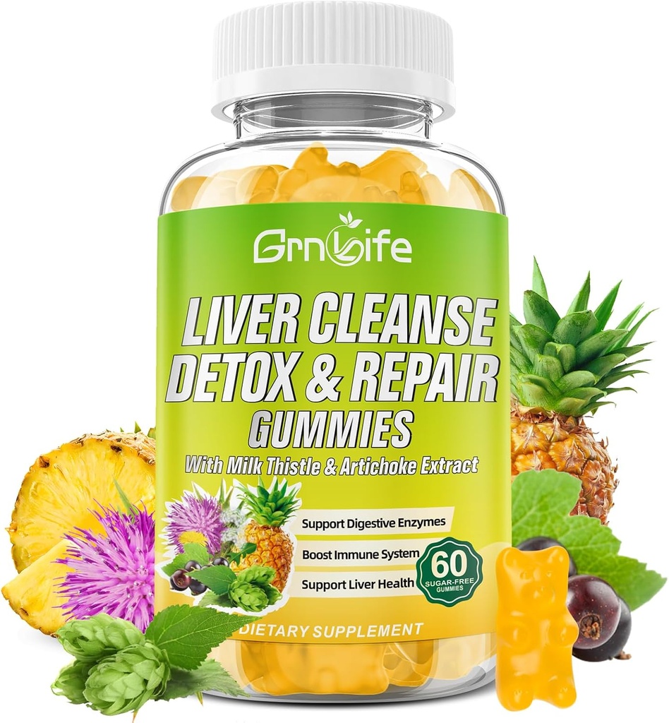 Nettoyer le foie Détox et réparer les gommies avec le chardon de lait 3000mg, 24-en-1 supplément de santé du foie avec dandelion, artichaut, sans sucre de foie de détox Gummies, saveur d'ananas - 60 comte