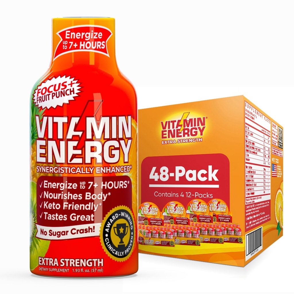 Vitamine Energy Focus+ Extra Strength Energy Shot Fruit Punch 48 Pack, 260mg Caféine naturelle, B-Vitamines, CoQ10, Acides aminés, Focus, Productivité et Clarté, Zéro Sucre, Sans gluten, 1.93 fl oz