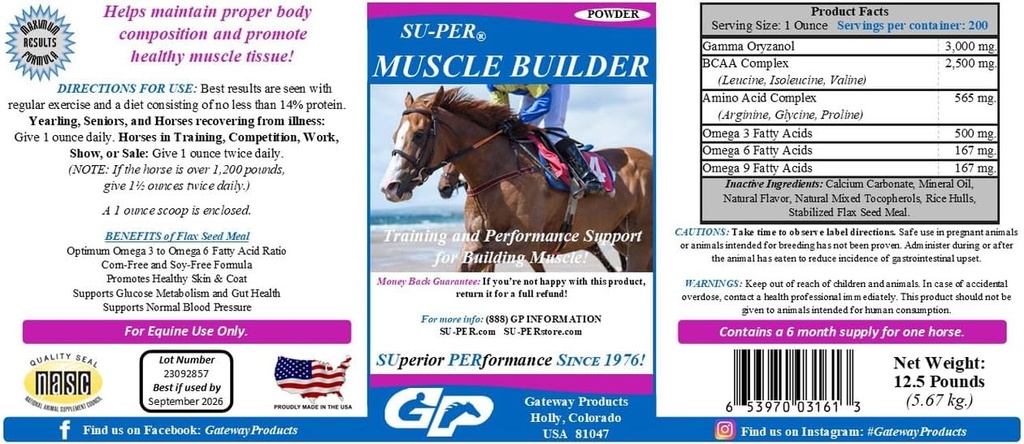 SU-PER Muscle Builder Horse Supplement - Training en prestatie ondersteuning voor het trainen van spier - 12,5 pond, 6 maanden levering