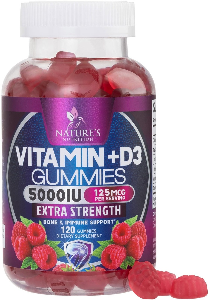 Vitamine D3 Supplement Gummy 5000 IE (125 mcg) Dieetvitaminen D voor mannen en vrouwen - Bone, tanden, spieren en immuungezondheidsondersteuning, hoge potentie VIT D3 Nature's Non-GMO & Glutenfree - 120 Gummies