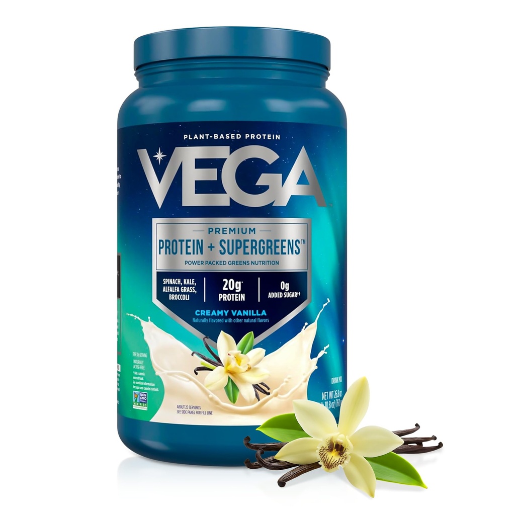 Vega Premium Proteïne + Supergreens - 20g Proteïne, Creamy Vanilla, 25 Servers,