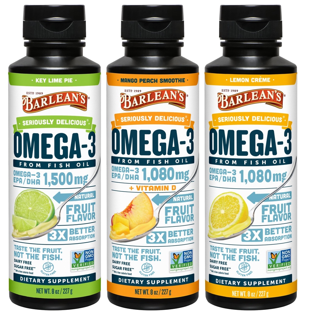 Barlean's Omega 3 Fish Oil Liquid Supplement 3-Flavor Variety Pack pour hommes et femmes, EPA et DHA Fatty Acid, comprend la tarte à la chaux, le citron crème et la mango peach flavors, 8 oz