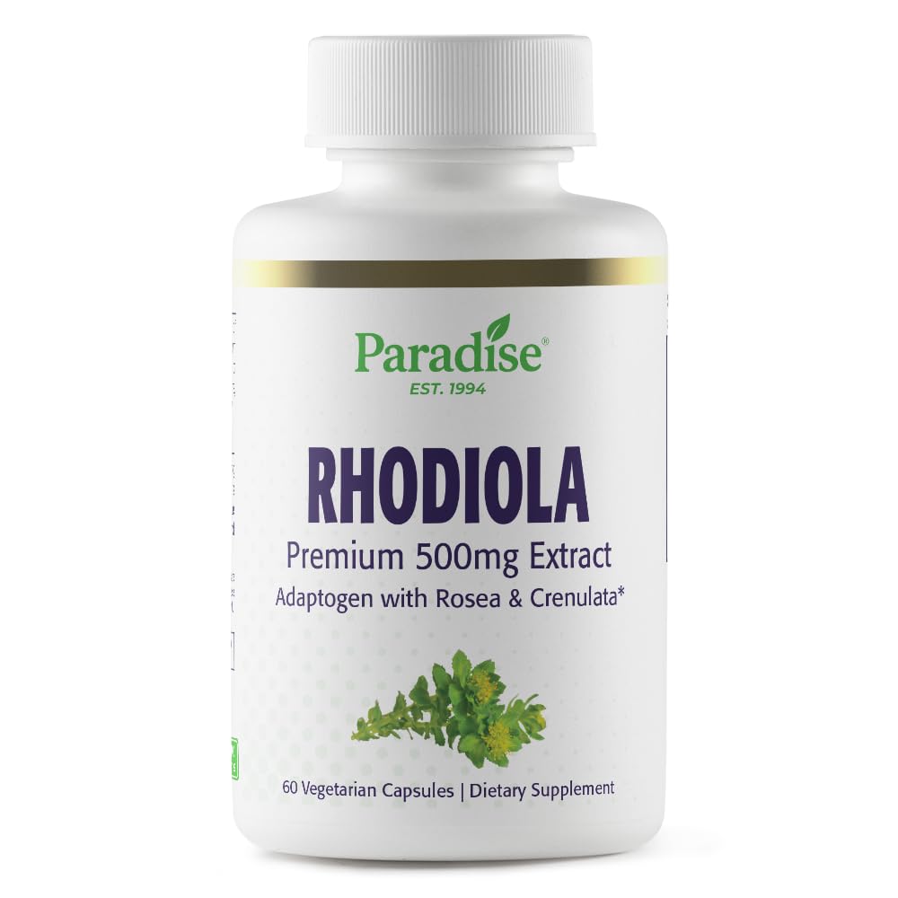 Extrait de Rhodiola de Paradise 500mg, Super Potent Antioxydant, Ultra Pure, Vegan, Non-OGM, Sans gluten, 60 Capsules végétariennes