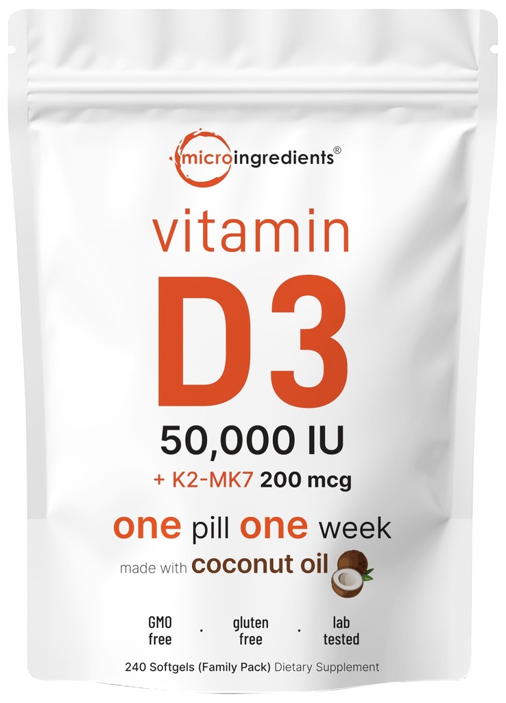 Micro-Ingrediënten Vitamine D3 50.000 IE + K2 MK-7 200 mcg, 240 Softgels 