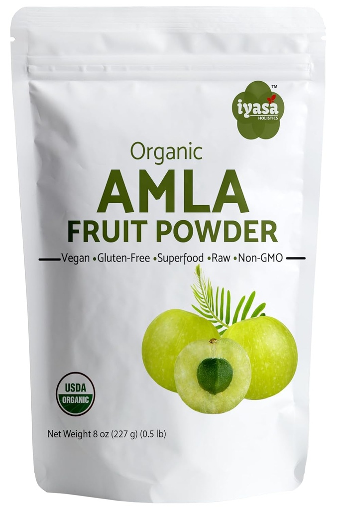 Iyasa Holistics Biologische Amla Fruitpoeder, Amalaki Berry Poeder, 8 ounce/226 gm, Raw Superfood voor huid en haar, Hersluitbare Pouch