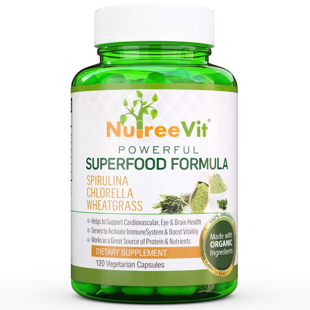 NutreeVit Pure 100% Organische Spirulina + Chlorella + Tarwegras - Energy Booster, Immune Support, Krachtige Superfood Antioxidant - Veggie Capsules 500mg
