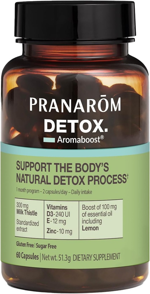 Pranarom - Aromaboost Detox Herbal Supplement - Elimineert toxinen en drains Het lichaam - Melkdistel en zink - Vitaminen D3 en E - Citroen essentiële olie - 60 Tel.