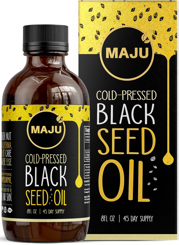 MAJU Black Seed Oil - 3 keer Thymochinon, Cold-Pressed, 100% Turkse zwarte komijnzaadolie, vloeibare zuivere zwartezaadolie, glazen fles, 8 oz