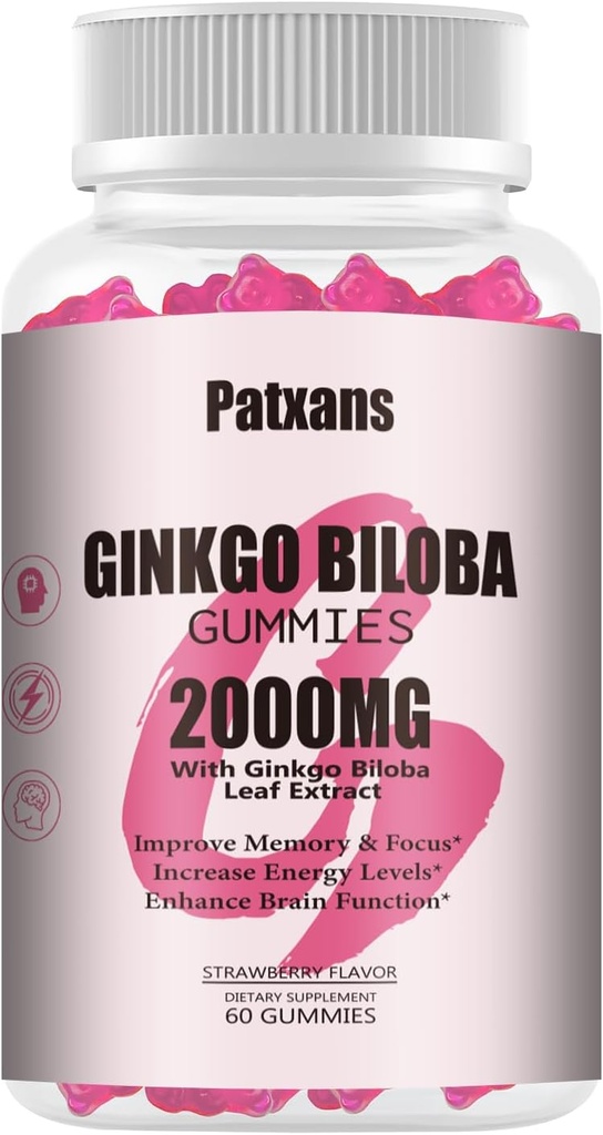 1 Pack 2000mg Ginkgo Biloba Gummies - Ginkgo Biloba Supplementen voor Brain Health Ondersteuning, Verbeter Mood en Focus, Energie, Volwassen, Aardbei smaak, 60 Tellen