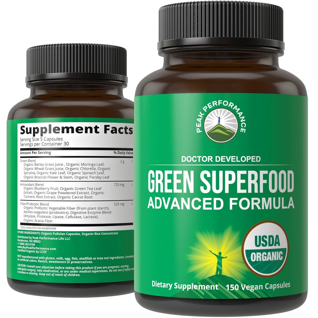 Biologische Super Greens 150 Capsules - Groene sap Superfood Supplement met 25 Alle natuurlijke biologische ingrediënten. Max Energy en Detox Super Food Pillen met Spirulina,