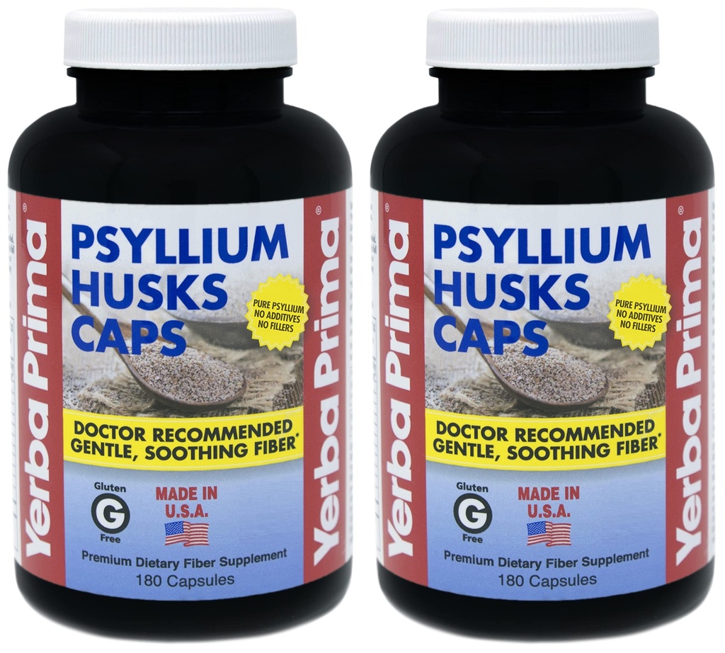 Yerba Prima Psyllium Husk Caps - 180 capsules (paquet de 2) - Supplément de fibre facile à avaler - Nettoyage des colonies - Santé des intestins - Non-OGM Sans gluten