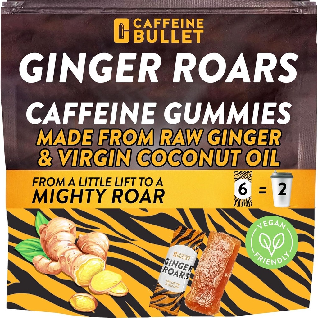 Ginger Roars - Cafeïne Ginger Chews - 12 Cafeïne Candies Elke 33mg Cafeïne met een Heerlijke Natuurlijke Honey Gember Smaak & Fiery hint. Plant Based Energy Shots, een veganistische gezonde snack voor volwassenen.