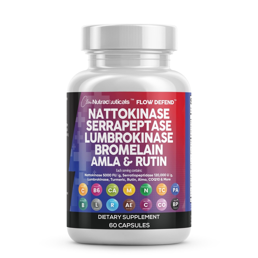 Clean Nutraceuticals Nattokinase 4000 FU Serrapeptase 120000 SPU Lumbrokinase Enzyme Supplement met bromelaïne Papaya Enzymen Rutin Extract Amla Magnesium Vitamine B6 & VIT C Capsules