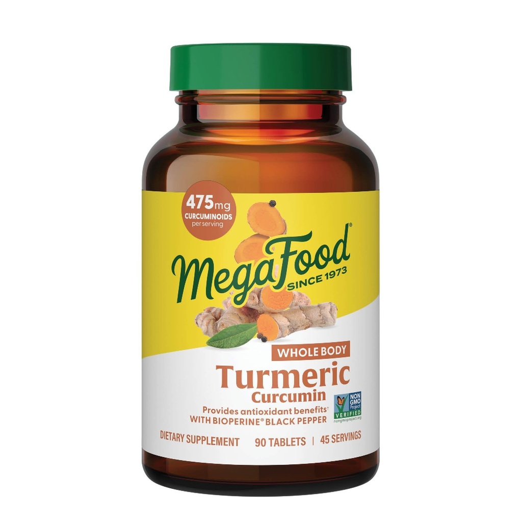 Supplément curcumine curcumine pour le corps entier Megafood - Supplément curcuma avec poivre noir et vitamine C - 475 mg Curcuminoïdes par portion - Antioxydant et soutien immunitaire - Vegan - 90 comprimés, 45 portions