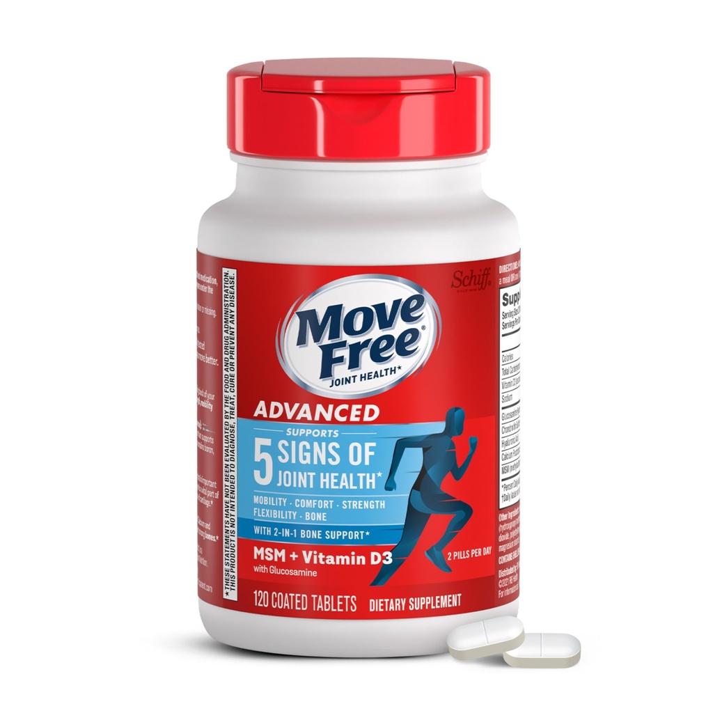 Move Free Advanced Glucosamine Chondroitin MSM + Vitamine D3 Joint Support Supplement, ondersteunt mobiliteit comfort sterkte flexibiliteit & Bone + Immune Health - 120 tabletten (60 porties)