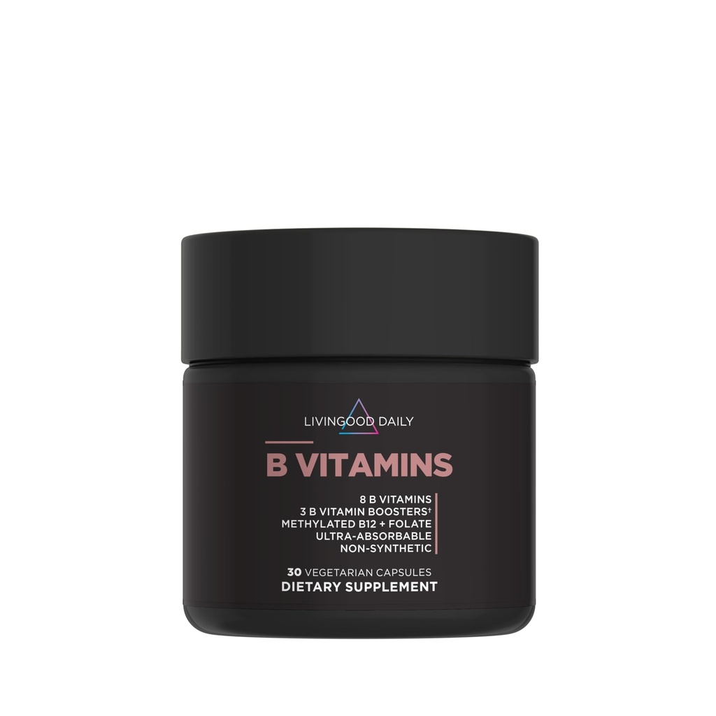 Livingood dagelijkse vitamine B-complexcapsules voor mannen en vrouwen, gemethyleerd B12 & Folaat, 11 actieve vormen waaronder B1 B2 B3 B5 B6 & biotine, glutenvrij, veganistische B-vitaminen voor haarhuidnagels, 30 capsules